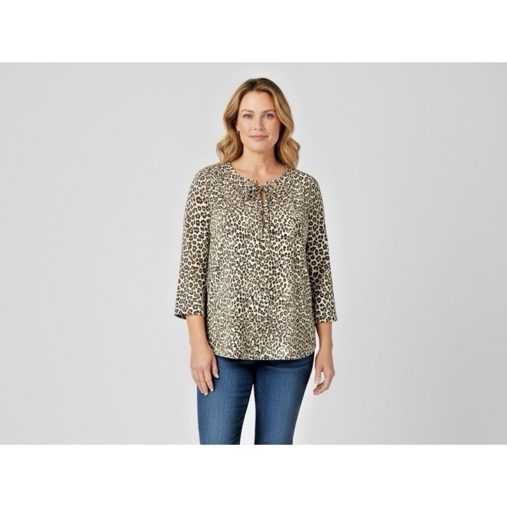 Chico's Liquid Knit Top Size 3 (XL) Leopard Print Tie Neck Gold Detail‎ Glam Max
